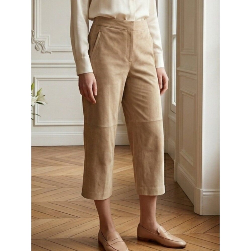 Boston Proper Tan Faux Suede Wide Leg Crop Pants 6 | High Rise Side Zip